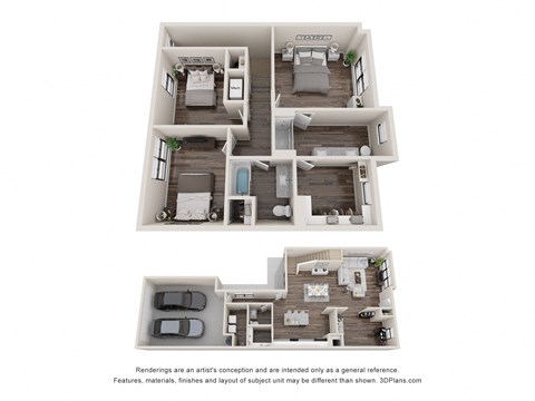 a stylized 3d floor plan of a house with a bedroom and living room